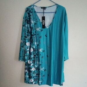 Teal and Black Floral-Trim Blouse Plus Size
